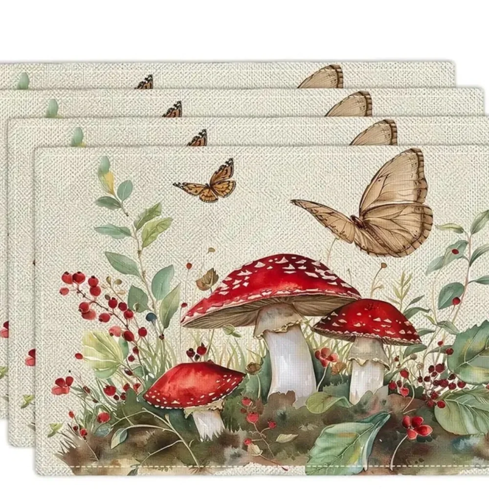 Set of 4 New Mushroom flowers and butterfly fabric placemats cottage core - Picture 2 of 3